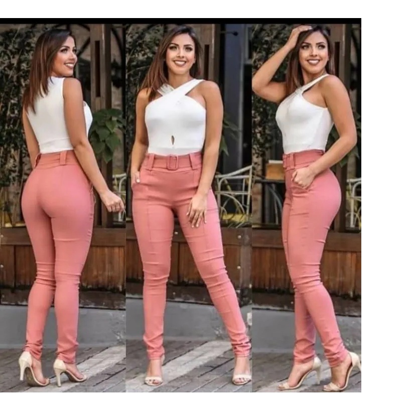 Kit Calça Bengaline Com Cinto Cintura Alta Pronta Entrega