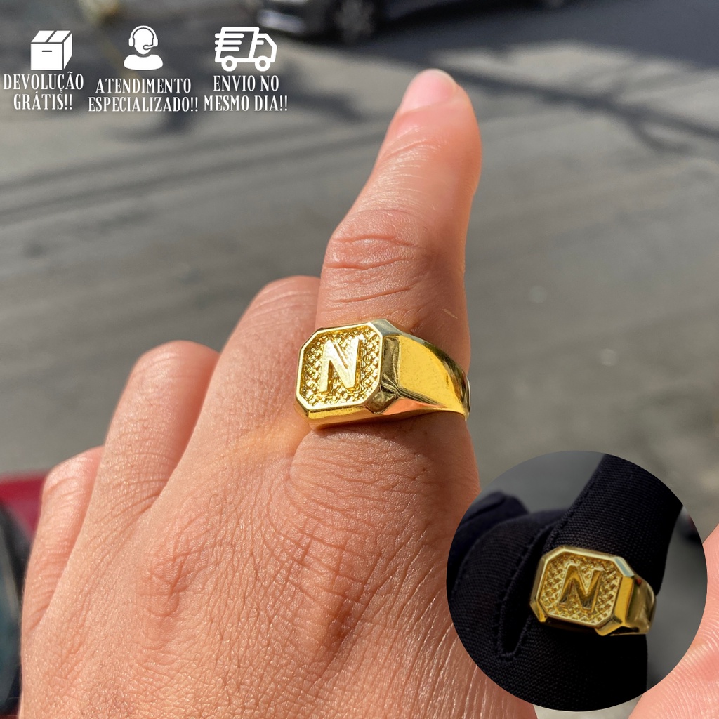 Anel de Letra Masculino Dedeira Letra N Auto Relevo Banhado a 24k