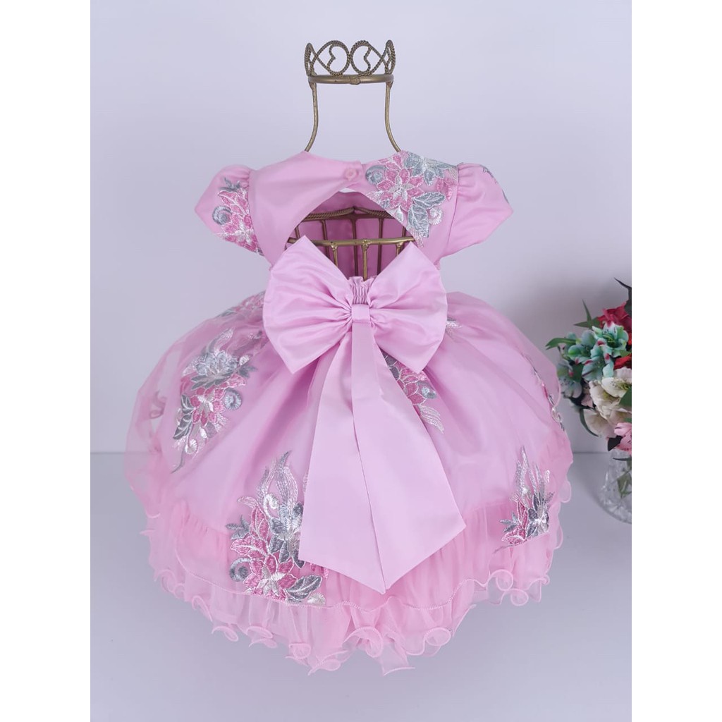 Vestido Infantil Realeza Rosa Floral Com Branco Festa Daminha Batizado  Renda Prata Princesa Aurora 1 a 3 Anos Luxo