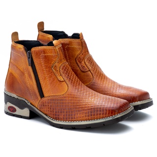 Bota Texana Couro em Desenho Tricê Cano Curto Country de Ziper Promoção