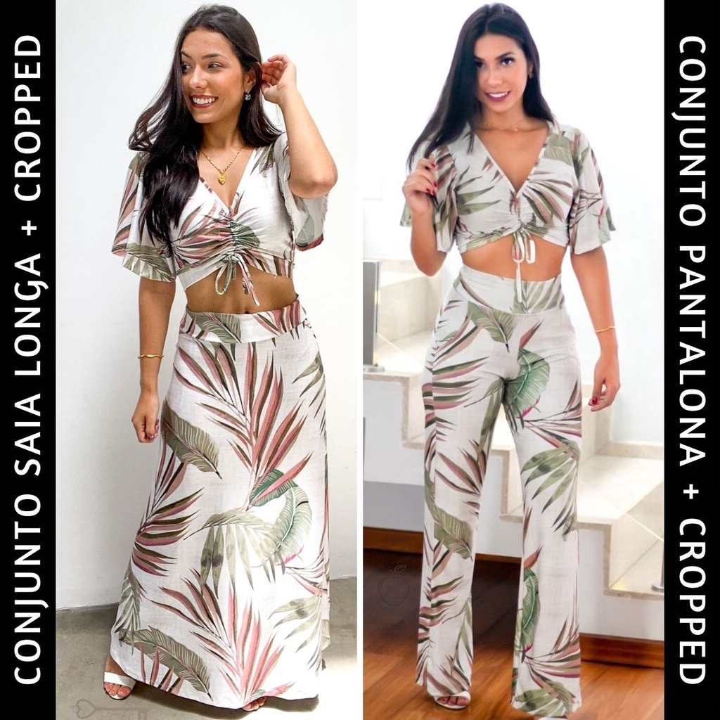 Conjunto Saia Longa com Cropped OU Calça Pantalona com Cropped Multiforma  Cintura Alta Feminino Verão Moda Evangélica