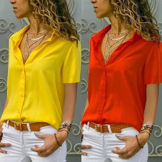 Blusa Feminina De Mangas Curtas Folgadas Com Botão Em Cores Lisas Plus Size