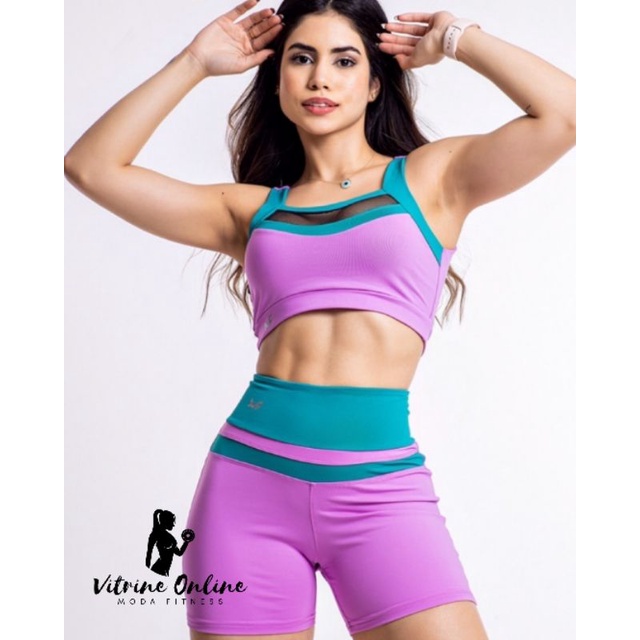 Conjunto Short + Top Cropped Detalhe Tela Em Poliamida Mf Bicolor