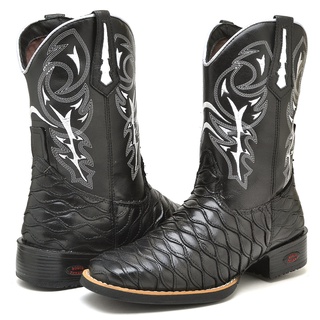 Bota Texana Country Masculina Em Couro Bico Quadrado Cano Longo Bordado