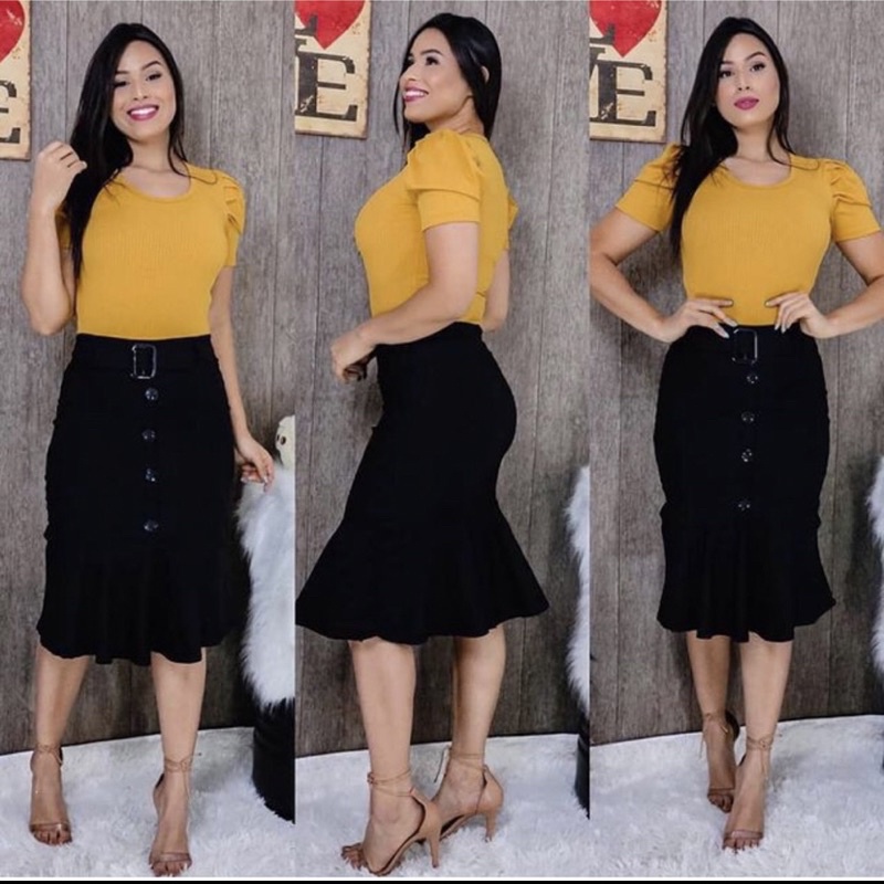 Saia Midi Bengaline com Lycra Moda Evangélica com Cinto