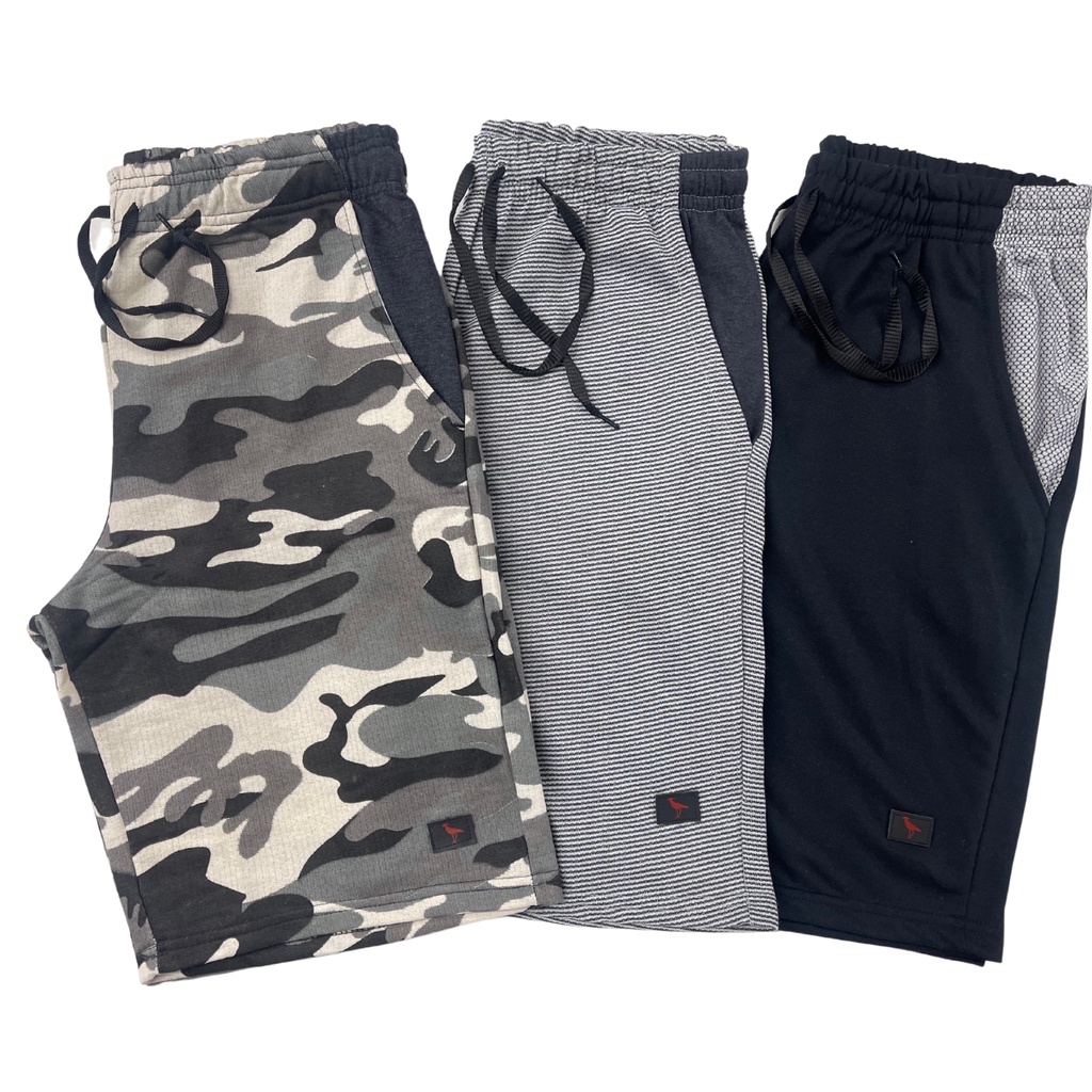 kit-3-bermudas-moletom-masculina-camuflada-listrada-lisa-sortidas