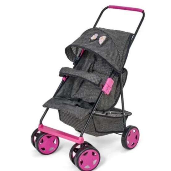 Carrinho De Boneca Bebê Reborn Milano Oliveira Preto/Pink c/ Bolinhhas Brancas