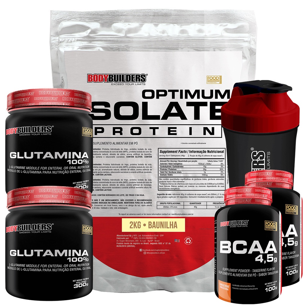 Kit Whey Optimum Isolate Protein 2kg + 2x BCAA 4.5 100g + 2x Glutamina 100% 300g + Coqueteleira – Kit Para Ganho de Massa Muscular Magra – Bodybuilders