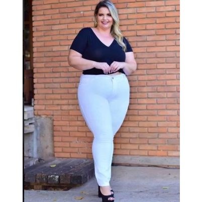 Bermuda Ciclista Branca Plus Size Jeans Feminina Cintua Alta Lycra