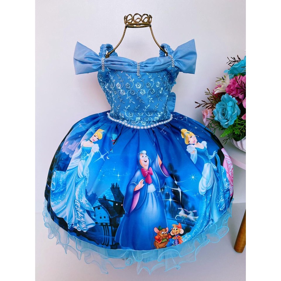 VESTIDO INFANTIL CINDERELA PRINCESA AZUL C/ RENDA E PÉROLAS