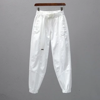 Calça Branca Das Mulheres Cintura Elástica Soltas Casual Primavera/Verão Nova Banda Pés Mostrar Fina Rabanete Harem Pants
