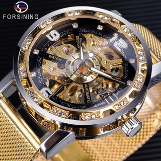 Forsining Diamante Ouro Skeleton Mechanical Assista Banda Malha De Aço Inoxidável Mão Luminosa Homens Relógios Esporte Negócios Relógio De Pulso