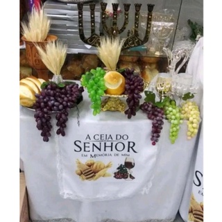 Kit Decoração Mesa Santa Ceia Toalha Pães Trigo Taças e Uvas