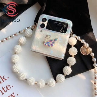 Capa De Celular LUSHUO Para Samsung Galaxy Z Flip 3 5G E 4 1/2 Traseira Com Estampa De Cisne Pulseira De Corrente Transversal Flip3 ZFlip3 ZFlip 3 Flip4 4