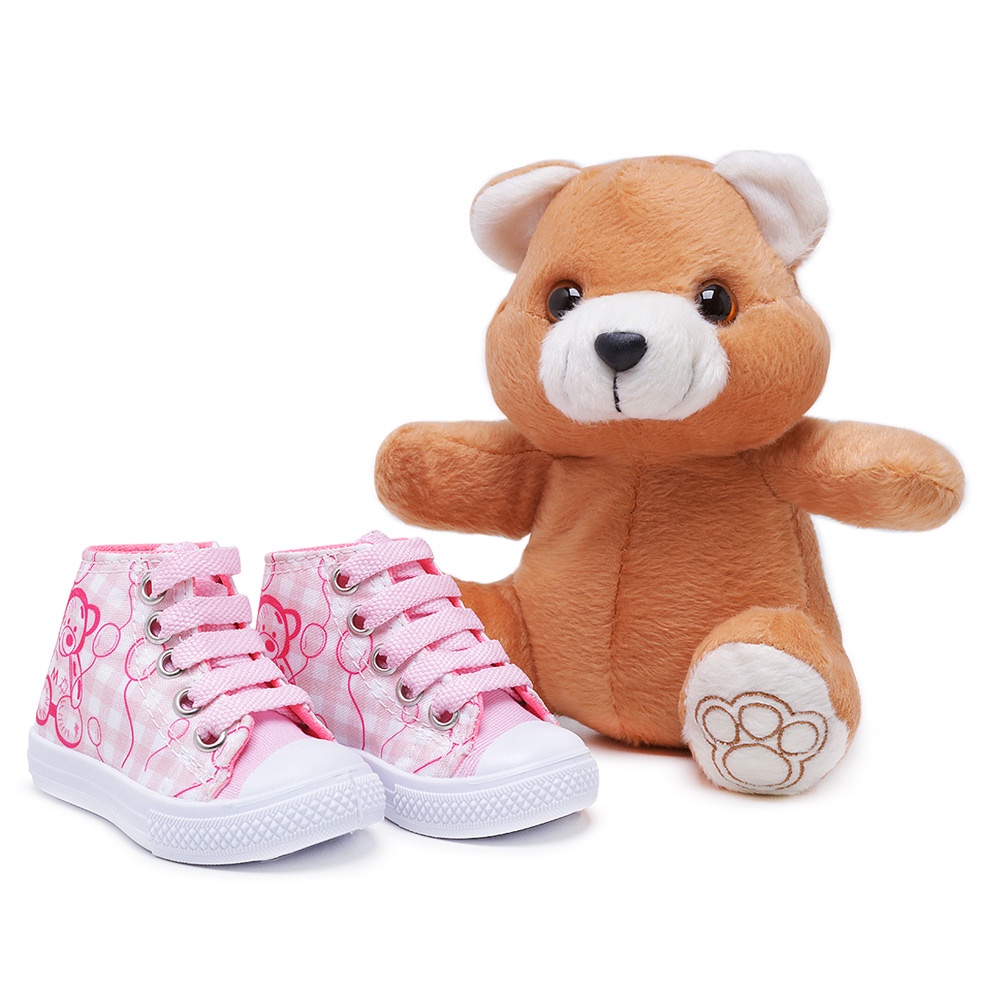 Kit Urso Infantil Brinquedo Pelucia e Tênis Infantil Menina Sapatos Rosa Bebe Criança Kids Promoção Oferta Barato Combo Presente Natal Aniversario