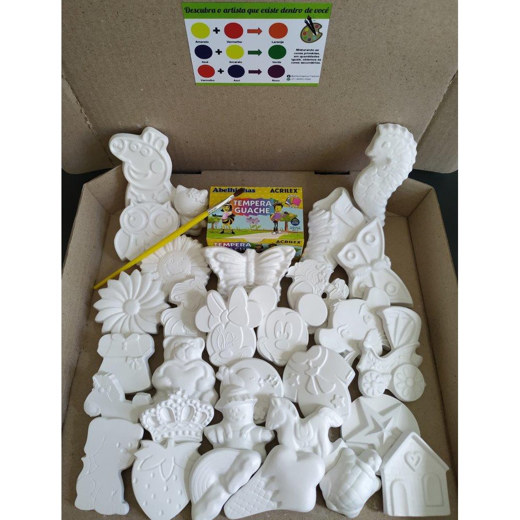 Kit 30 Peças Em Gesso Completo C/ Tinta e Pincel - Pintura Infantil ...