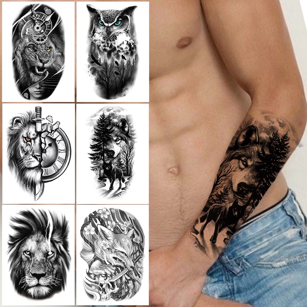 Forest Wolf Temporary Tattoo For Men Women Adult Kids Compass Fake Lion ...