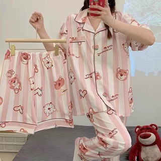 Três Peças Conjunto De Pijama De Verão Feminino Com Estampa De Desenho  Manga Curta