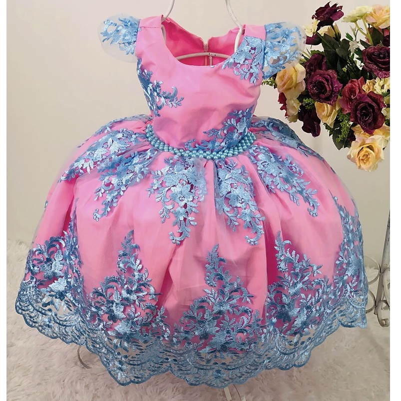 vestido infantil princesa rosa e azul com renda trabalhada