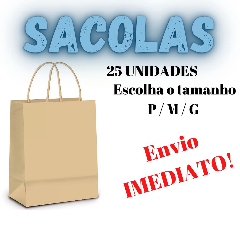 Sacolas Kraft de papel 25 UNIDADES - Escolha o Tamanho PP P M G