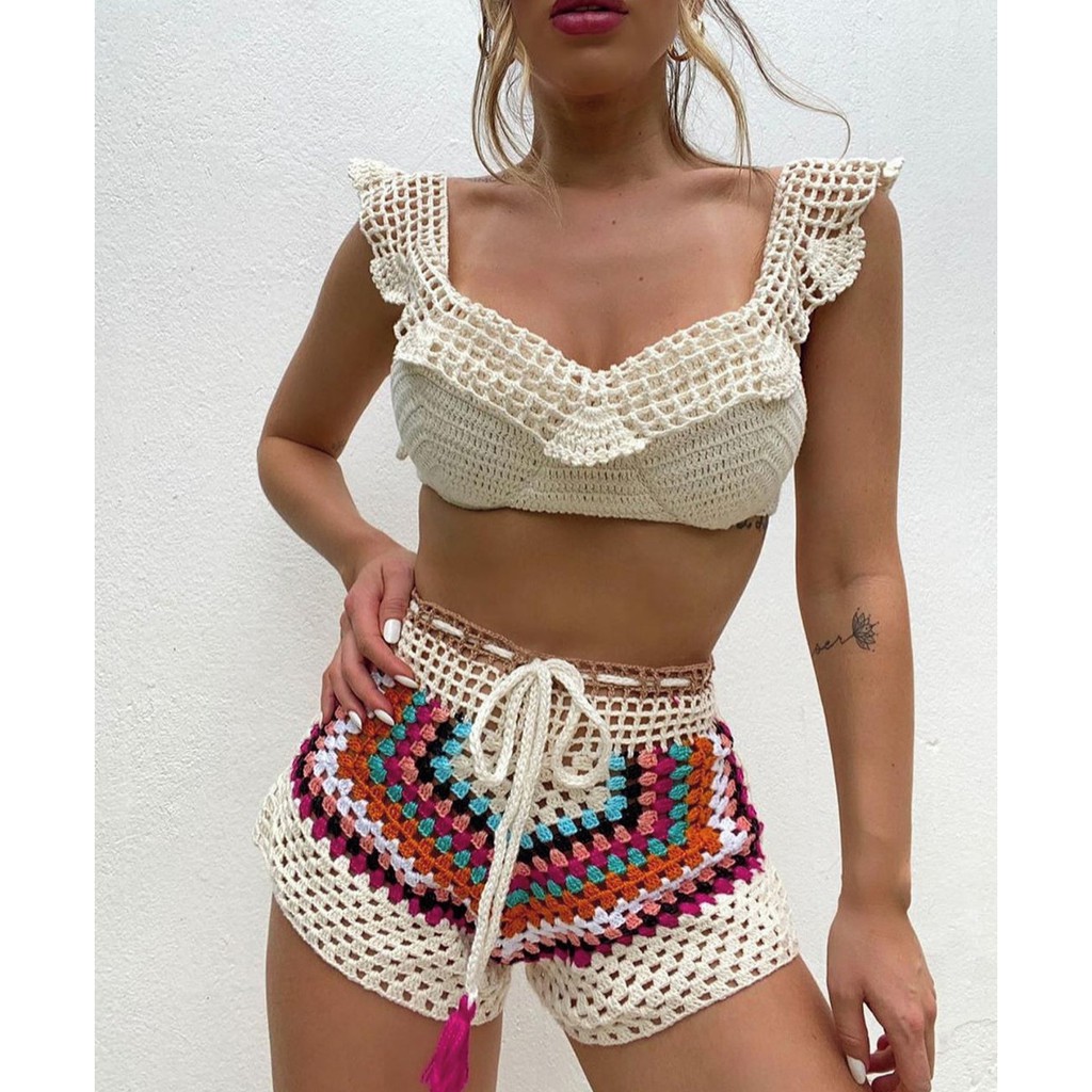 conjunto de croche top e short de croche colorido G