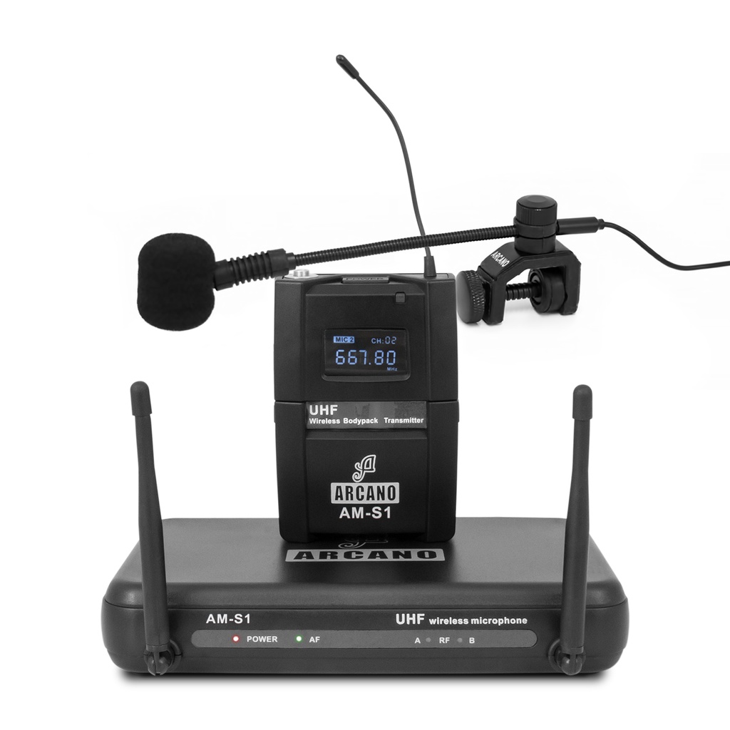 Microfone sem fio UHF Arcano AM-S1 sax e lapela