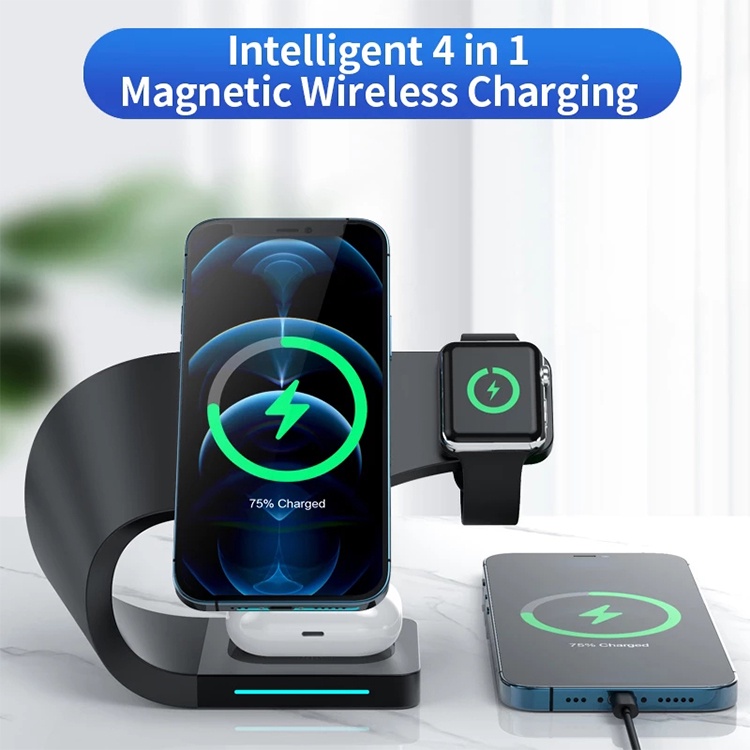 Carregador Sem Fio Magnético Powerbank 3 em 1 Preto para iPhone Apple Watch  AirPods