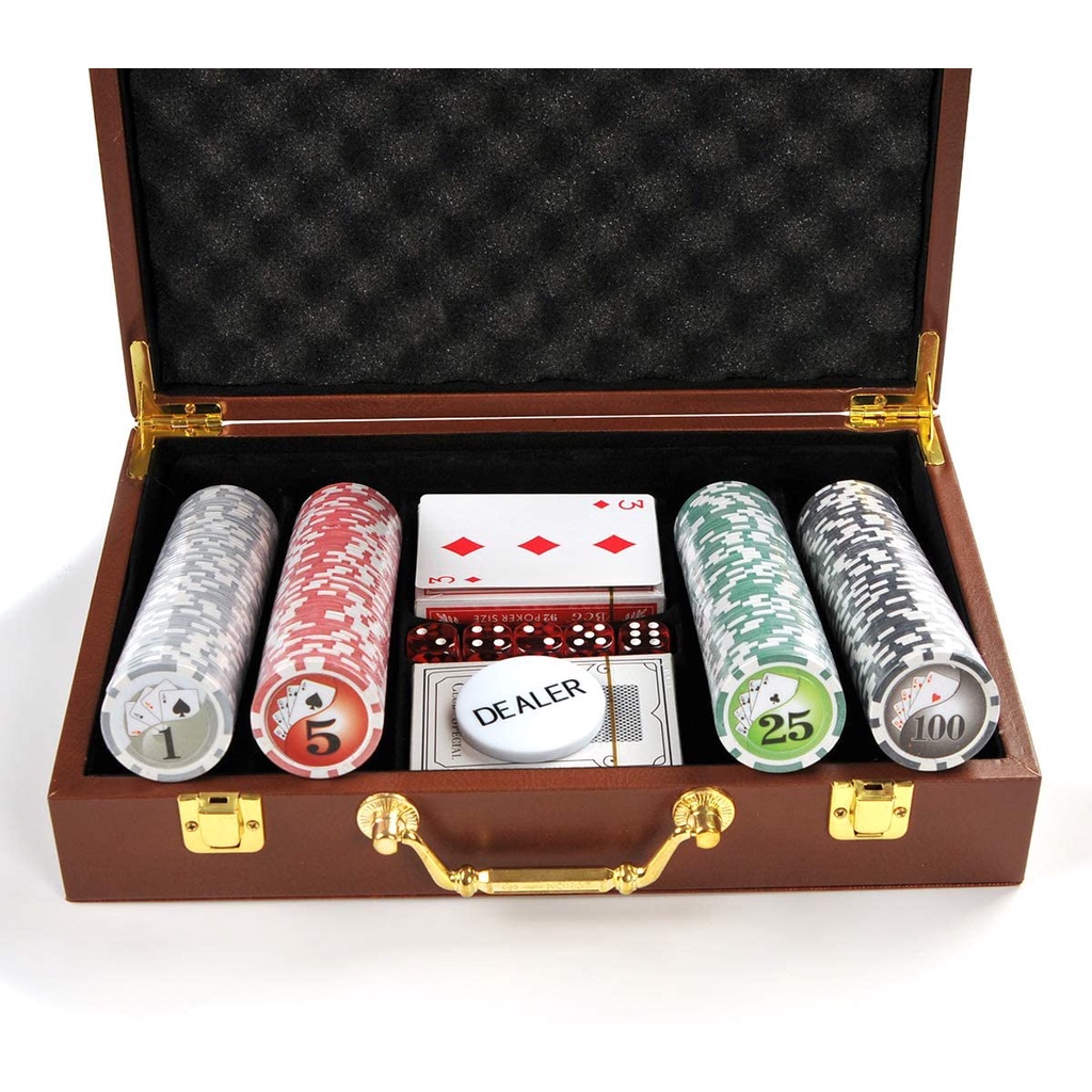 Maleta Completa Poker 200 Peças Luxo Capa de Couro Com Cartas Botões Fichas