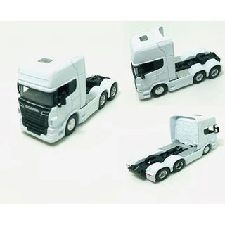 Miniatura Caminhão Scania Trucado V8 R730 2 Eixos Branco Metal A fricção Coleção Brinquedo
