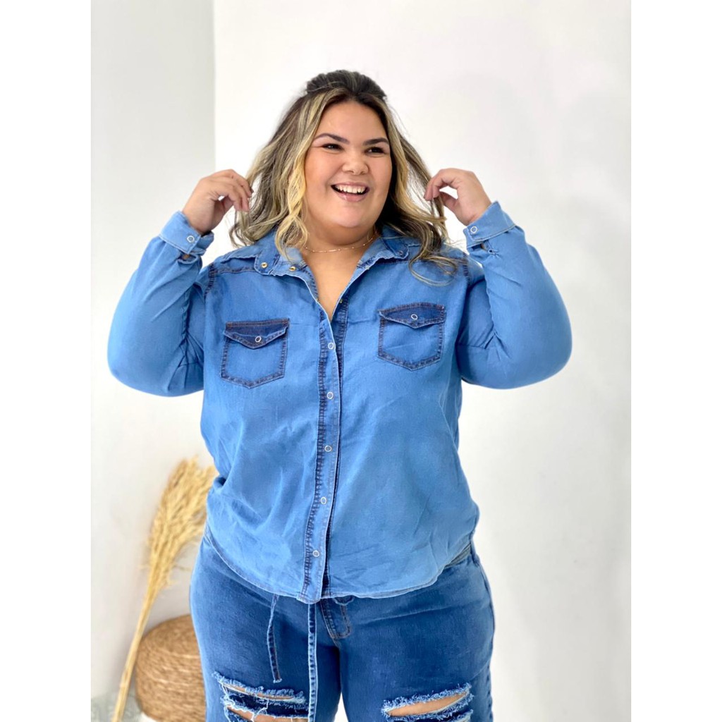 Camisas jeans store plus size feminina