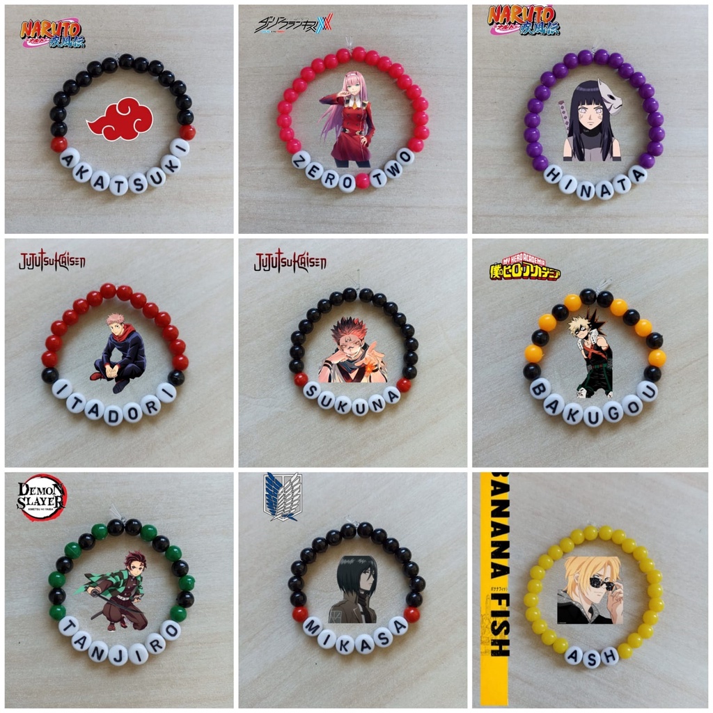 Pulseiras de Miçangas Cosplay Personagens de Animes Naruto Attack on Titan  Jujutsu Kaisen Banana Fish Darling in the Franxx Demon Slayer Kimetsu no  Yaiba Shingeki No Kyojin fio silicone miçangas nomes Pulseiras