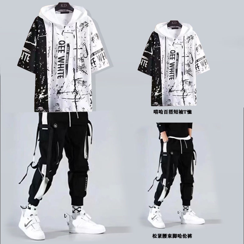 Calças De Carga Masculinas Estilo Hip Hop Joggers + Conjunto De Homens Com  Capuzes Casuais Camisetas De Manga Curta Vestuário Masculino De Verão