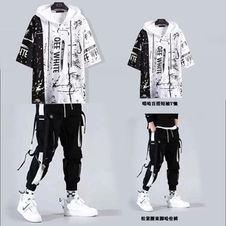 Conjunto Masculino Camiseta Cargo Casual Baggy Hip Hop Manga Curta E Calça