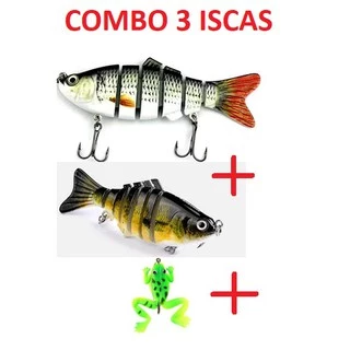 Combo 3 iscas artificiais 2 iscas lambari articulado 10cm 7 segmentos cores prata e dourado + 1 isca frog com anzol 6cm
