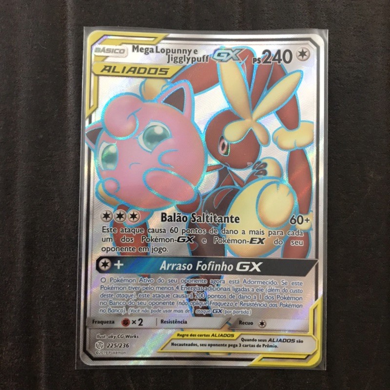 Carta Pokemon Mega Lopunny e Jigglypuff GX Full Art Aliados