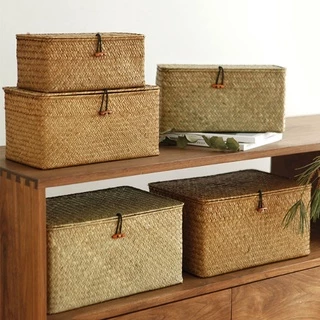 Cesta De Armazenamento De Tecido Para Costuras Com Tampa/Caixa Organizadora De Vime De Mesa