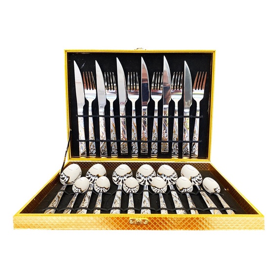 Kit Faqueiro Maleta De Talheres Inox 24 Peças Com Dourado