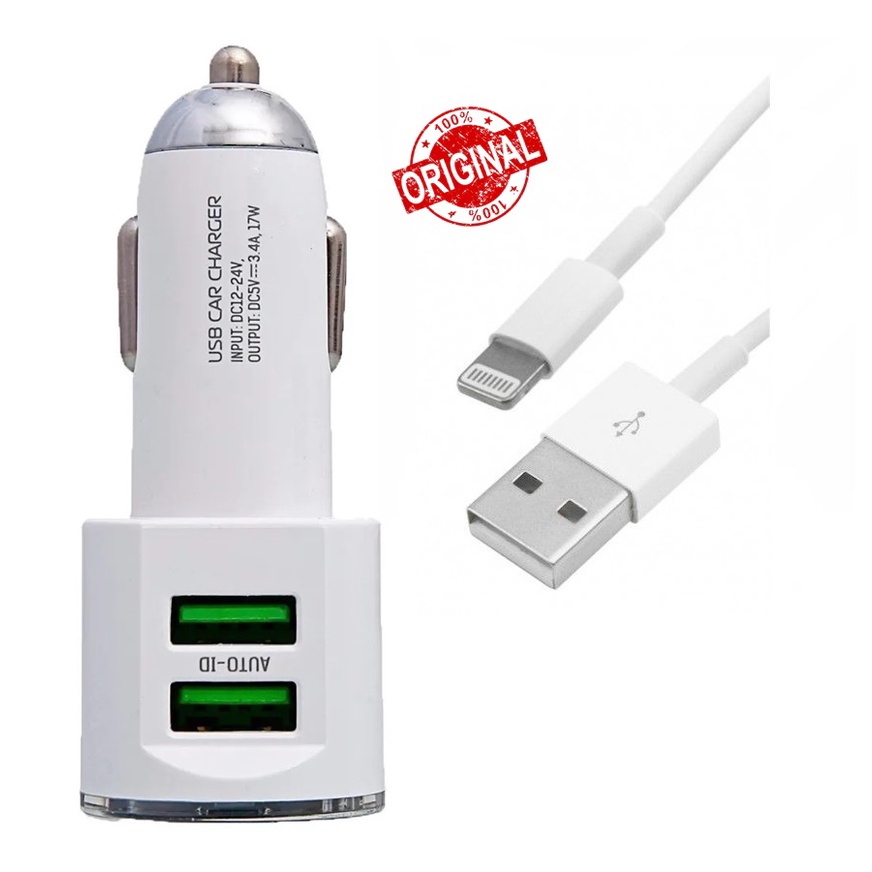 Carregador Celular Veicular 2 USB + Cabo Para iPhone Lingtning Turbo 3 ...