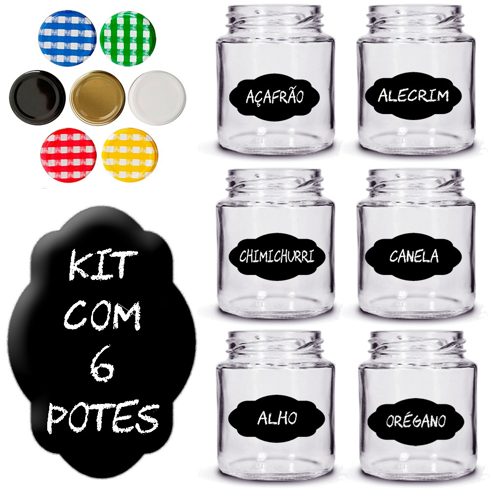 Pote Vidro Condimento Tempero 240ml Kit Com 6 + Adesivos impressos (você escolhe os nomes)