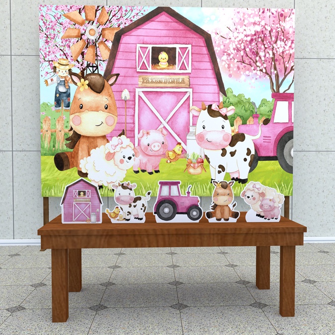Festa Aniversário Fazendinha Rosa Aquarela Decoração Cenários Kit Prata Bamper