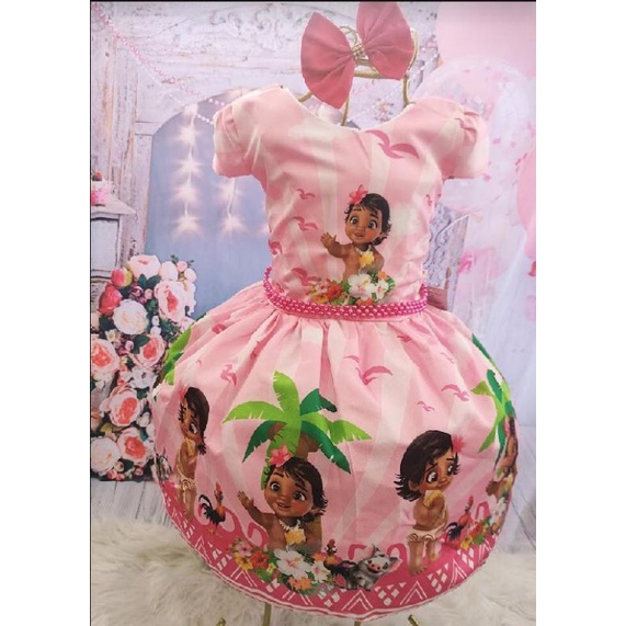 Vestido Infantil Moana Baby Rosa Temático Aniversário Rodado - Tio