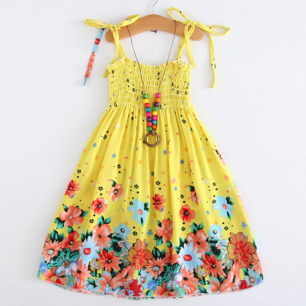 Vestido infantil Kawaii com laço floral e flores boêmias, sem mangas, alças  de praia, roupas de princesa fit & Flare