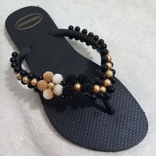 Chinelo Feminino Bordado Perolas Sandalia Personalizada Branco Preto