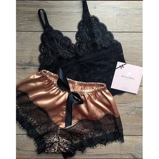 Conjunto De Pijama Sexy De Renda Com Três Pontos E Suspensório