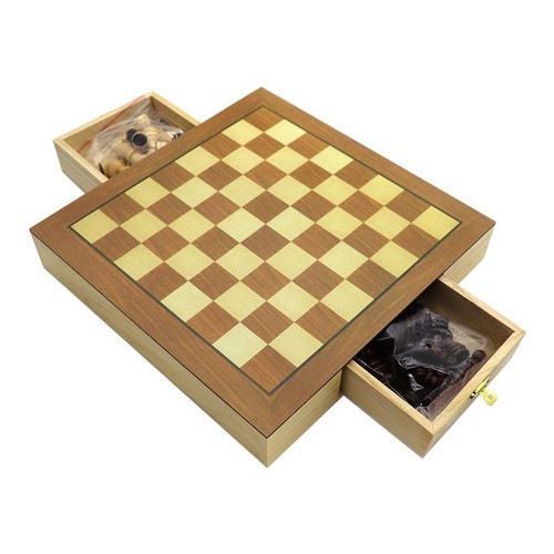 Jogo de xadrez e dama tabuleiro em madeira com gaveta 39 x 39 x 5