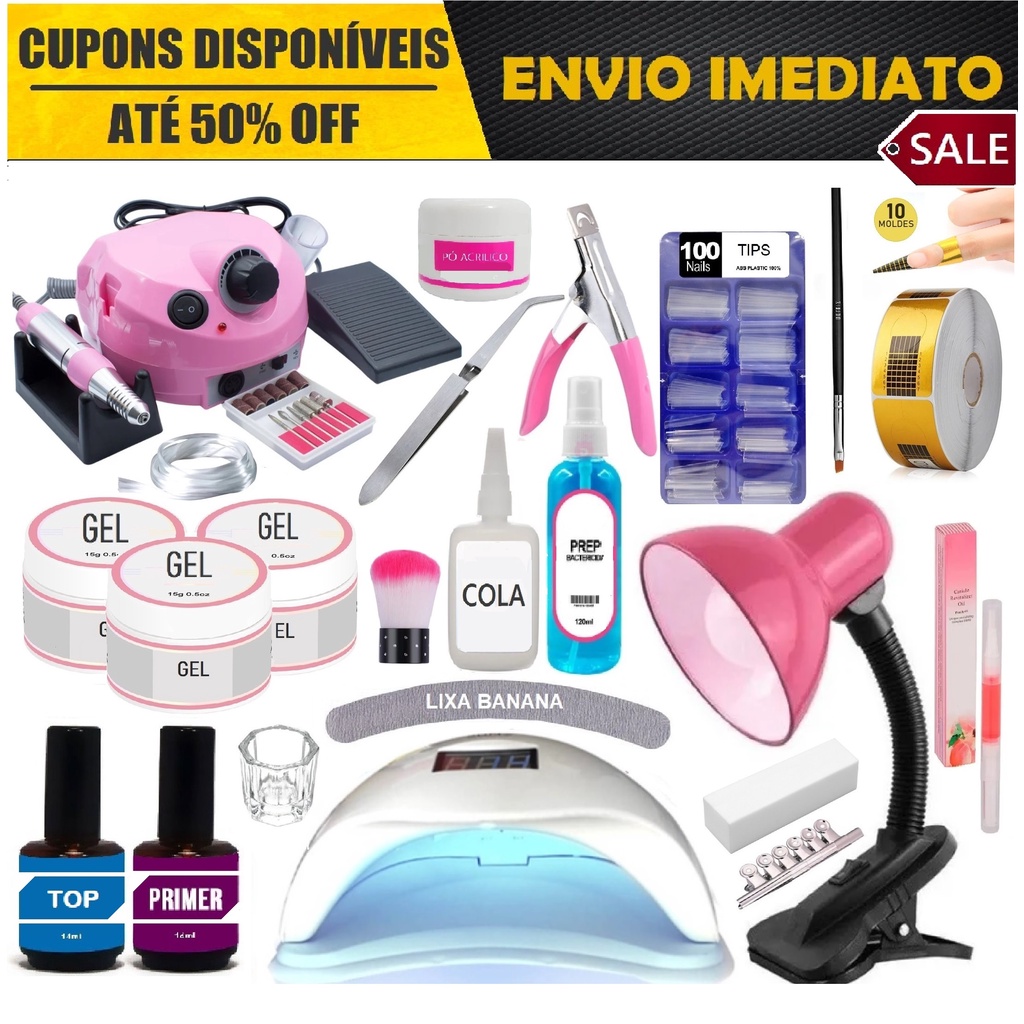 Kit Unhas em Gel Completo Profissional Manicure Cabine Sun5 Lixadeira ...