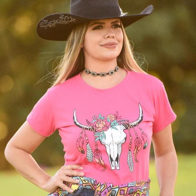 T-shirt country feminina CRANIO BOI COR AREIA