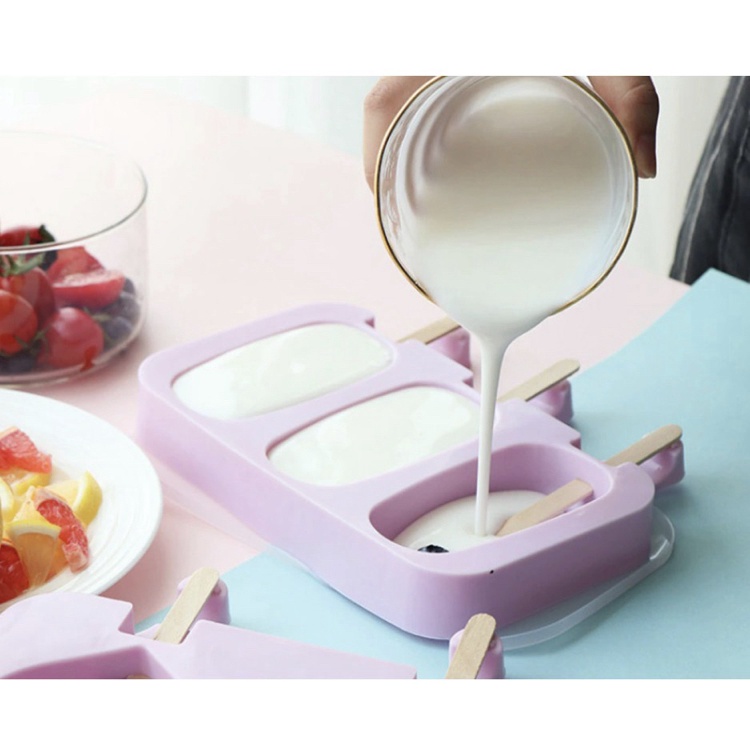 Forma Para Sorvete Picolé Silicone 3 Cavidades C/50 Palitos Rosa Lilás Vermelha