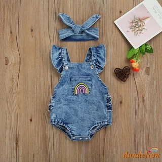 Bebê Meninas Bordado Arco-Íris De Verão Manga De Mosca Romper + Fita De Cabeça