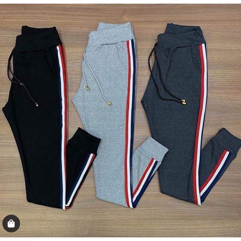 Calça Ribana Canelada Moletom Com Listra Lateral Calça Cintura Alta Jogger  legging com Corda para Amarração